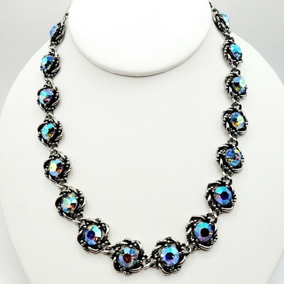Coro Blue AB Rhinestone Choker Necklace Silver Tone Signed & Peardrop (Video) - Picture 1 of 10